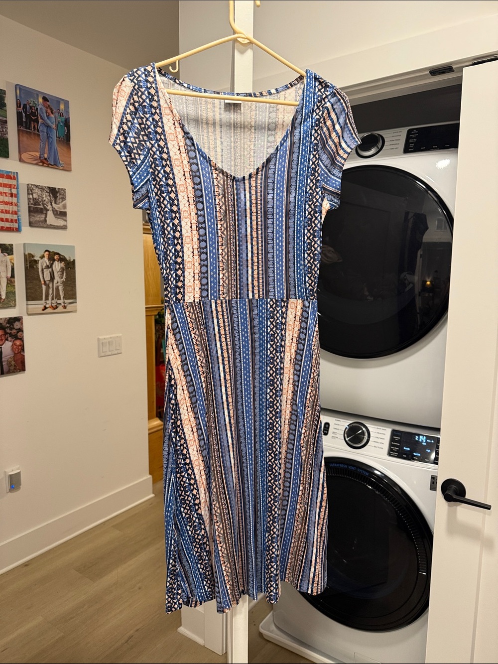 Striped V-Neck Midi Dress in Blue and Cream